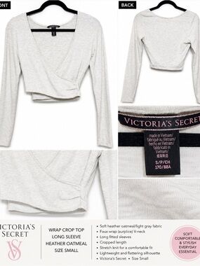 Victoria’s Secret Wrap Crop Top Long Sleeve Heather Oatmeal Size Small